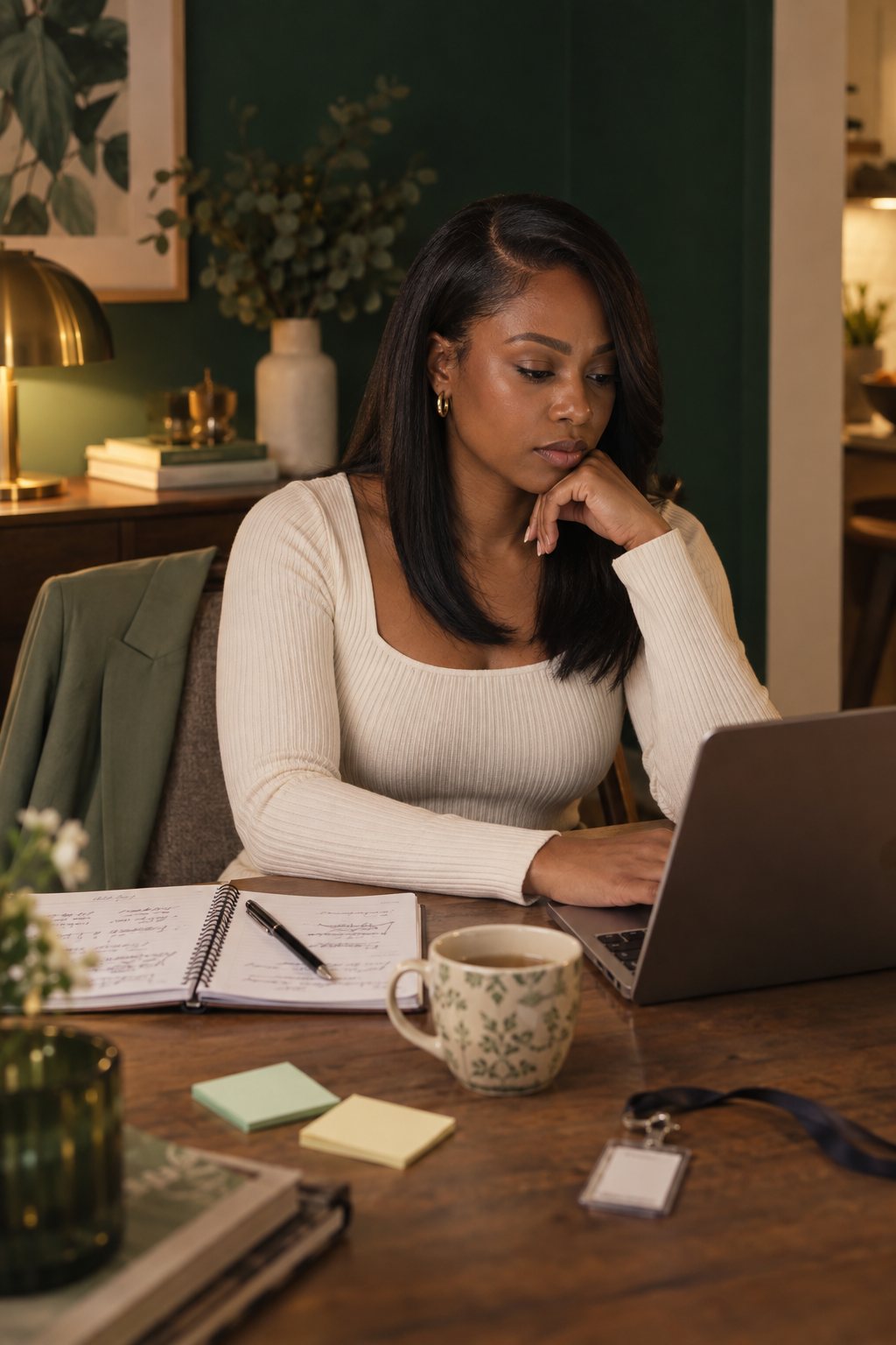 A woman working on her business at her kitchen table in the evening, still in her work clothes